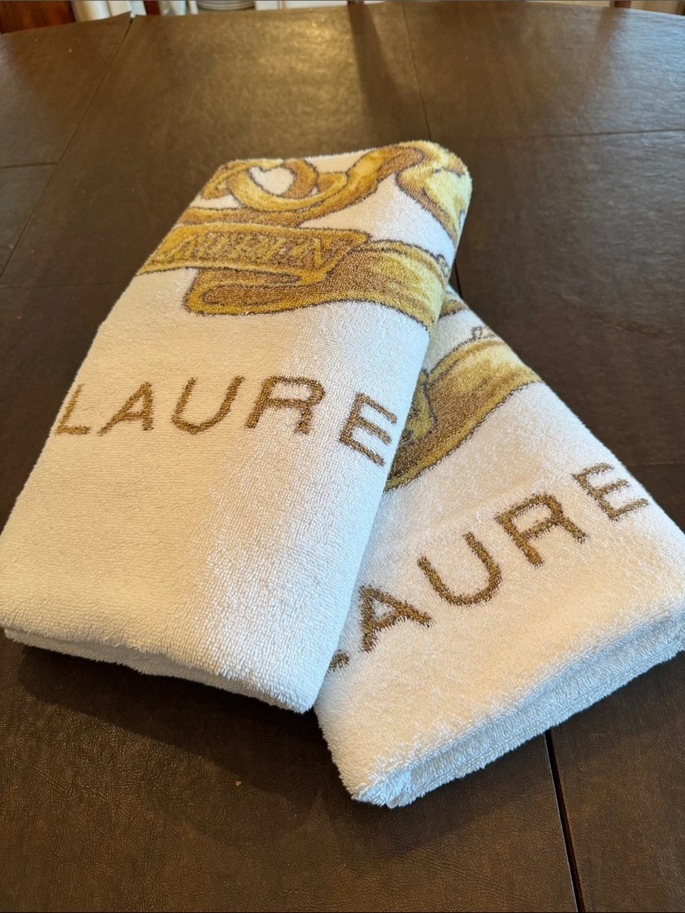 2- Matching Ralph Lauren White and Gold Safari Crest Towel